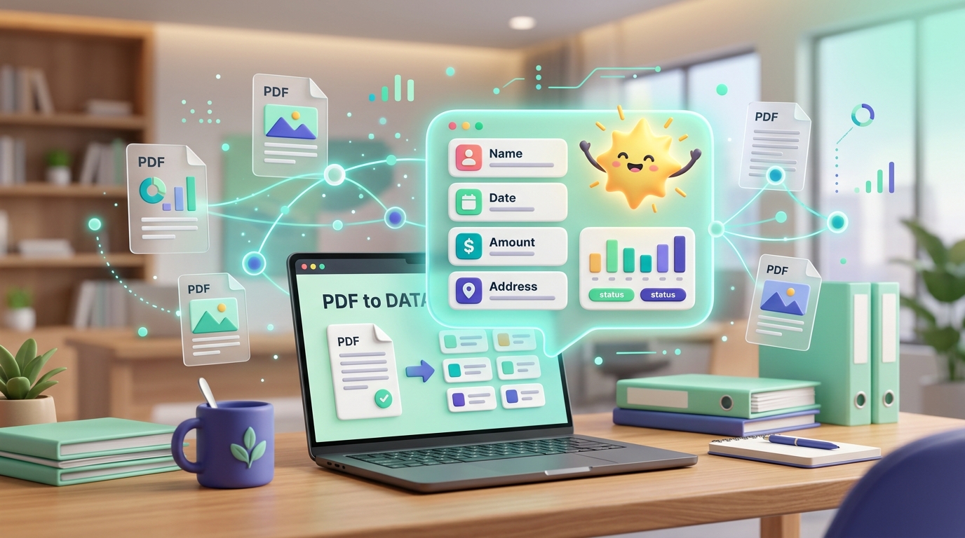 AI PDF data extraction and document intelligence illustration with modern 3D interface, data nodes, and structured cards.