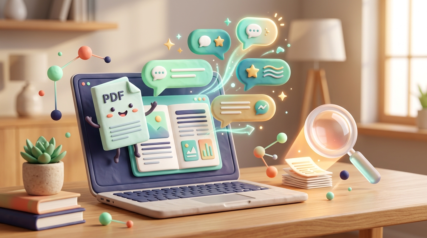 AI-powered PDF chat illustration showing 3D laptop with cheerful document mascot, conversational bubbles, and smart search beam on modern desk.