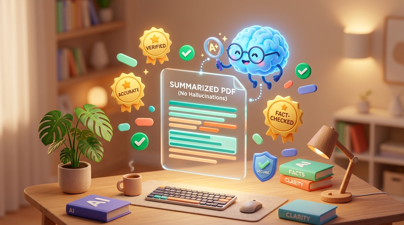 How to Summarize a PDF with AI Without Hallucinations: 3D editorial illustration of a modern desk with smiling AI mascot, verified medals, and transparent document summary.