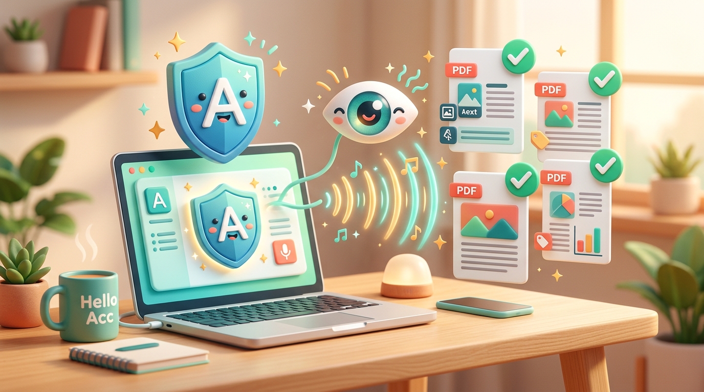 PDF Accessibility in 2026: 3D illustration of an accessible workspace with friendly smiling accessibility shield, screen reader waveforms, sparkling eye, and tagged documents with green checkmarks.